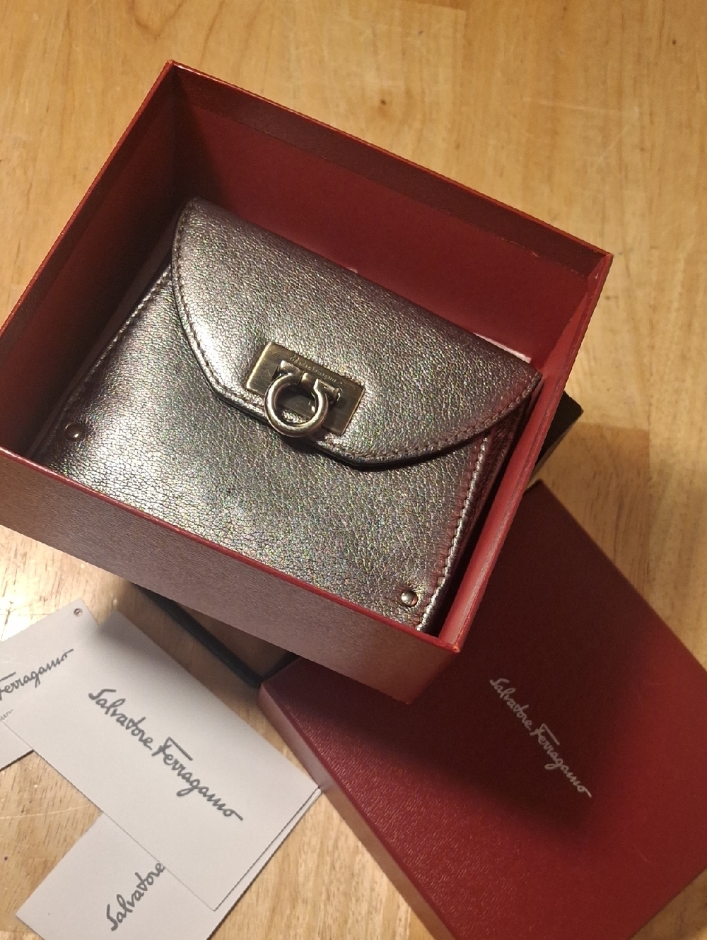 Salvatore Ferragamo Metallic Pewter Leather Card Wallet